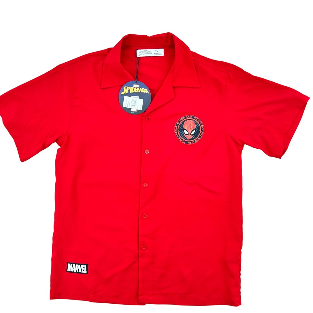 Marvel Spider-Man Red Button Down Shirt Short Sleeve Camp Collar‎ SmalLRED